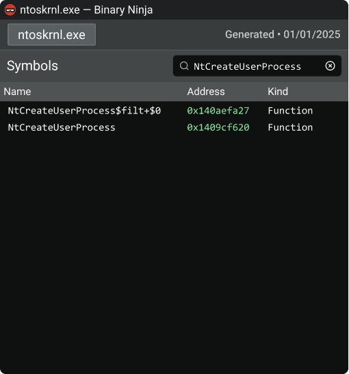 Binary Ninja symbols NtCreateUserProcess