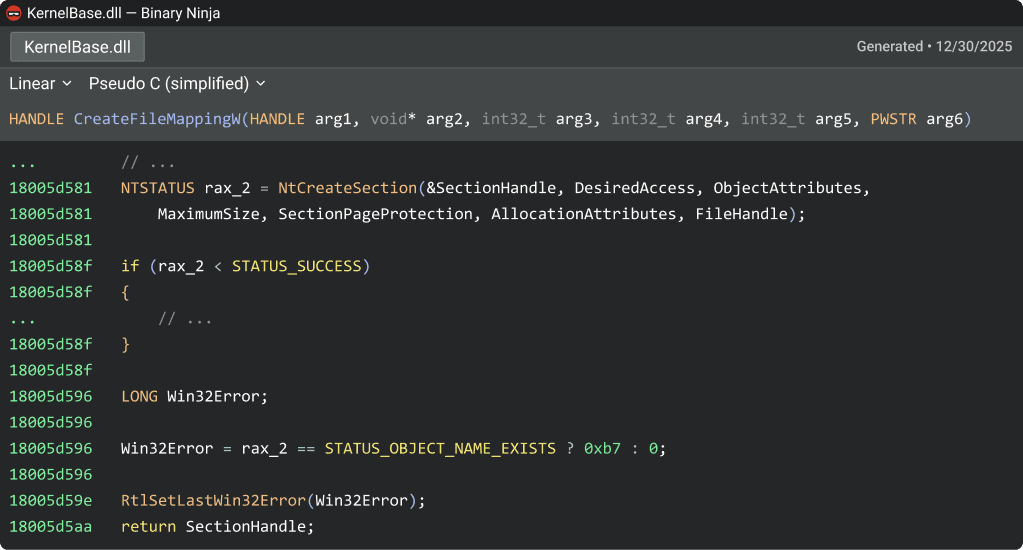 Binary Ninja CreateFileMappingW decompilation
