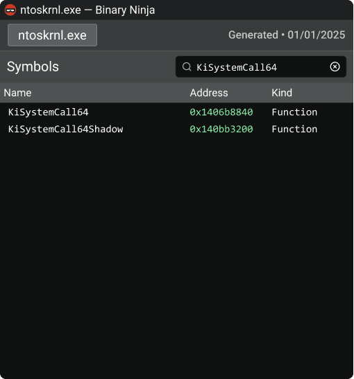 Binary Ninja symbols KiSystemCall64