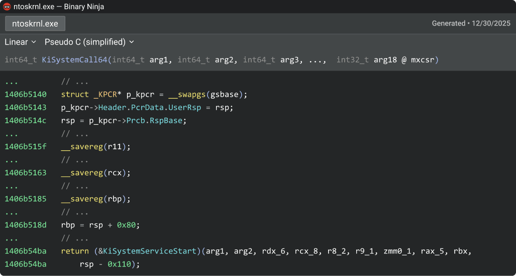 Binary Ninja decompilation KiSystemCall64