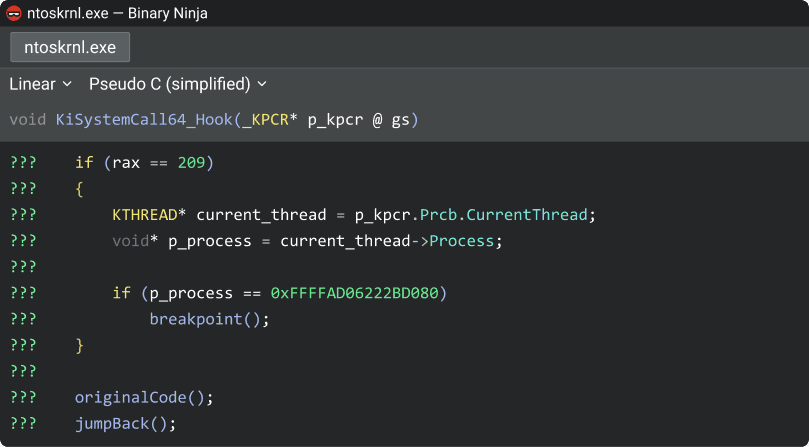 Binary Ninja decompilation KiSystemCall64_Hook