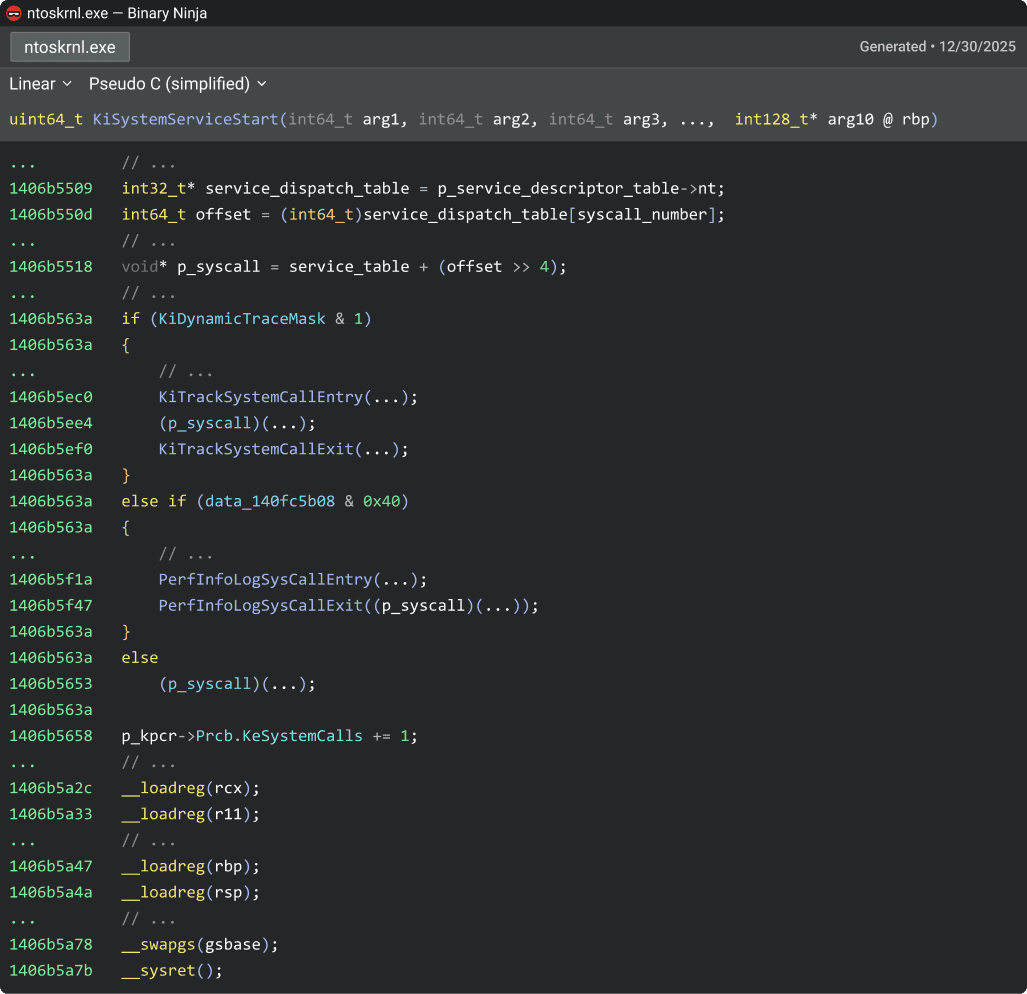 Binary Ninja decompilation KiSystemServiceStart